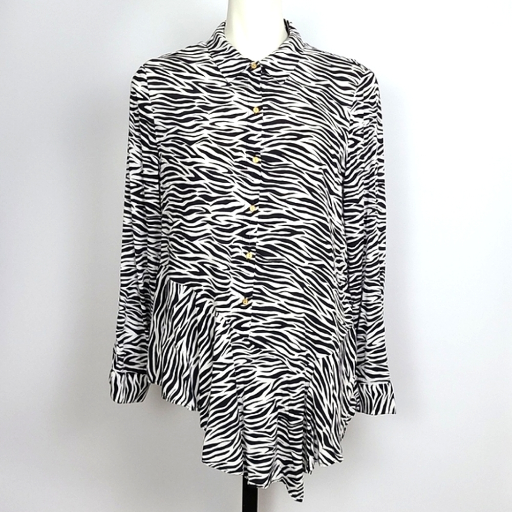 COMO Vintage Assymetrical Blouse  Roll Up Sleeve Ruffle Zebra Print Size XL